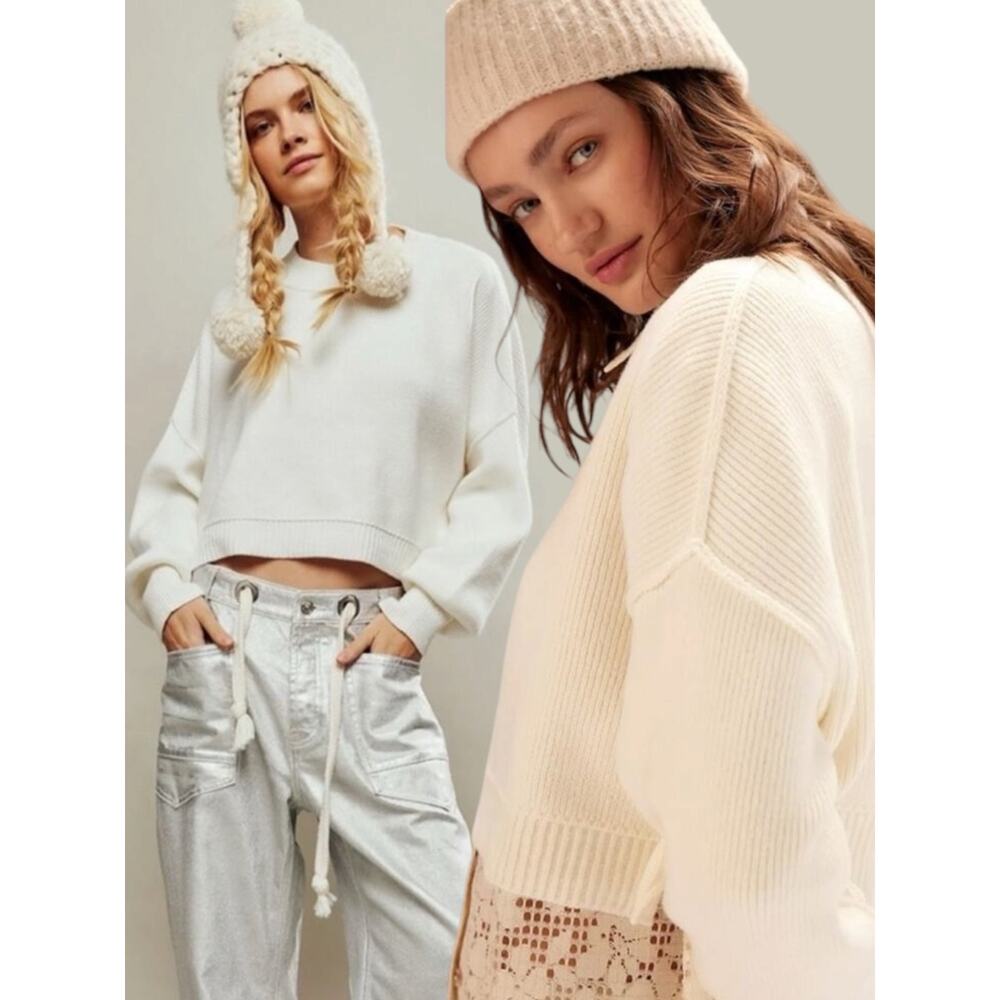 Free People Easy Street Crop Pullover Sweater in White Size Large Preppy Fall - Picture 9 of 16